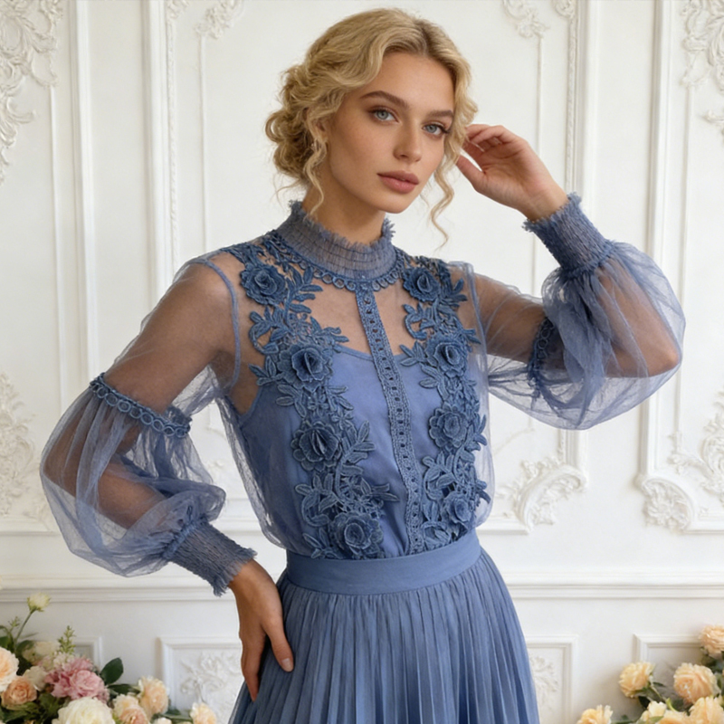Wrap Blouse Chiffon - Vintage Dantel Kadın Gömleği Tatlı Çiçek