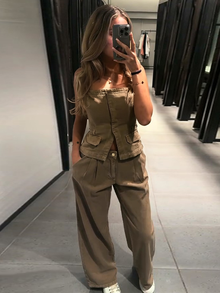 Women Fashion Jeans Top - Y2K Kadın Göğüs Sarmalı Yelek Pantolon