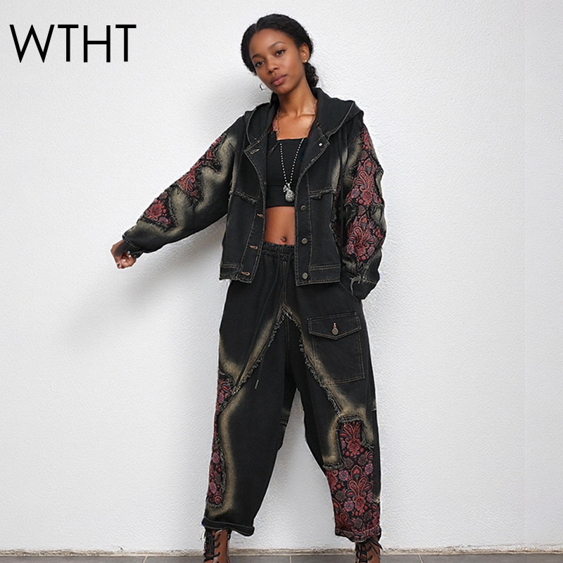 Women'S Fashion Denim Jacket - WTHT Moda Kadın Yıkama Patchwork Uzun
