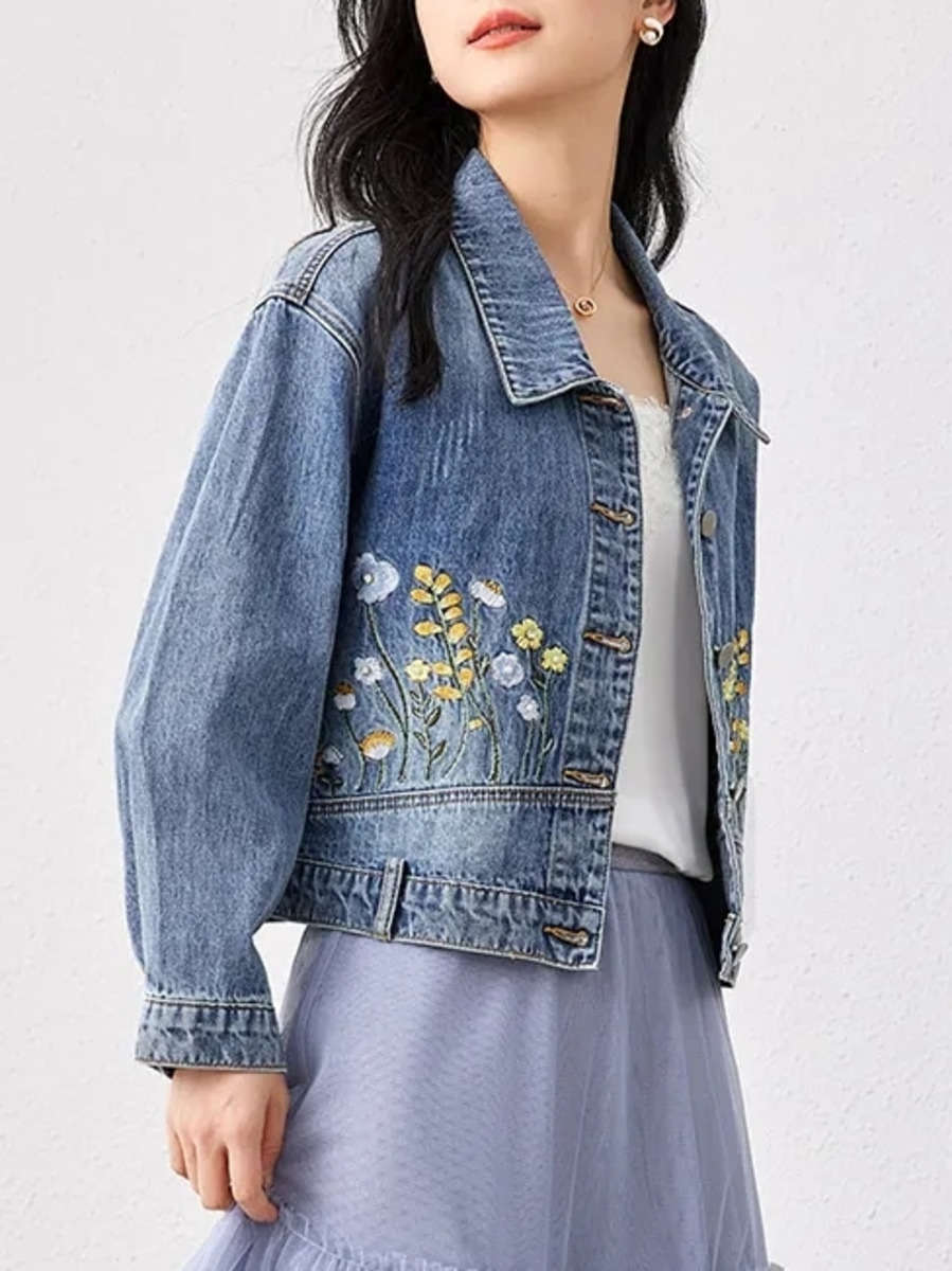 Women Fashion Jeans Top - Çiçek işlemeli Denim kısa ceket kadın