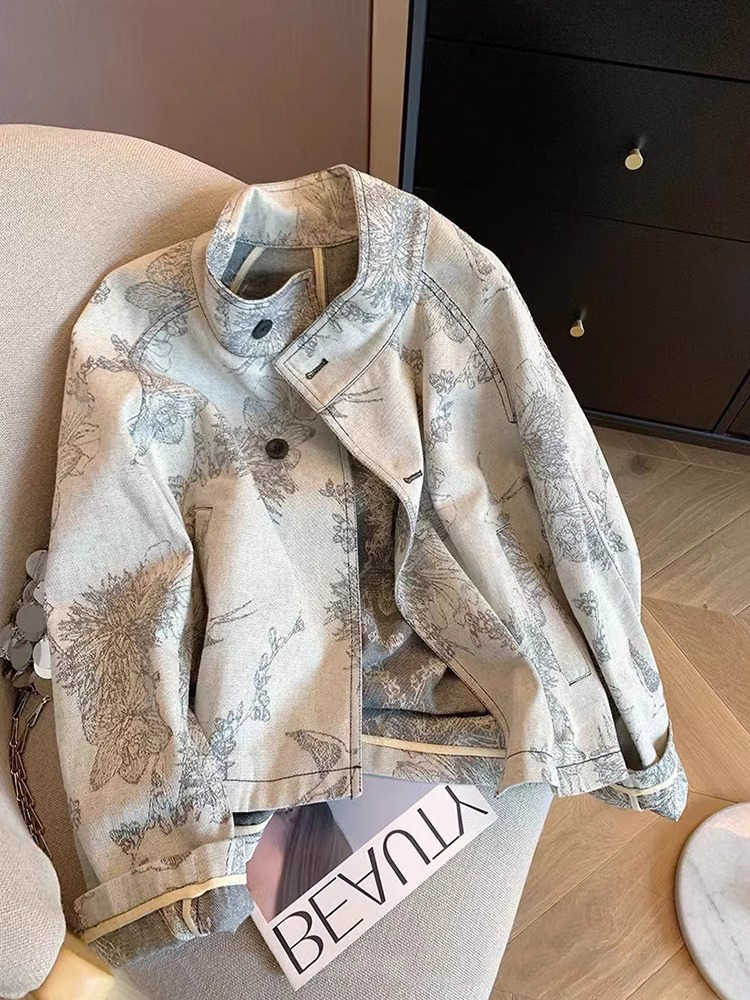 Women Fashion Jeans Top - Kadın Açık Gri Baskılı Kot Ceket