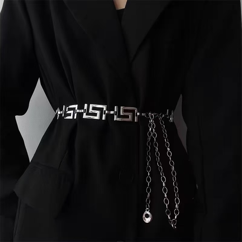 Women Fashion Jeans Top - Yunan Anahtarı Geometrik Bağlantılı Metal Bel