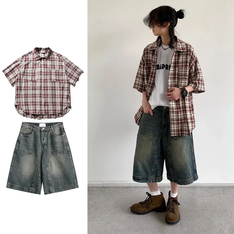 Denim Shorts Women - Japon Gençlik Tarzı Erkek Kadın Ekose