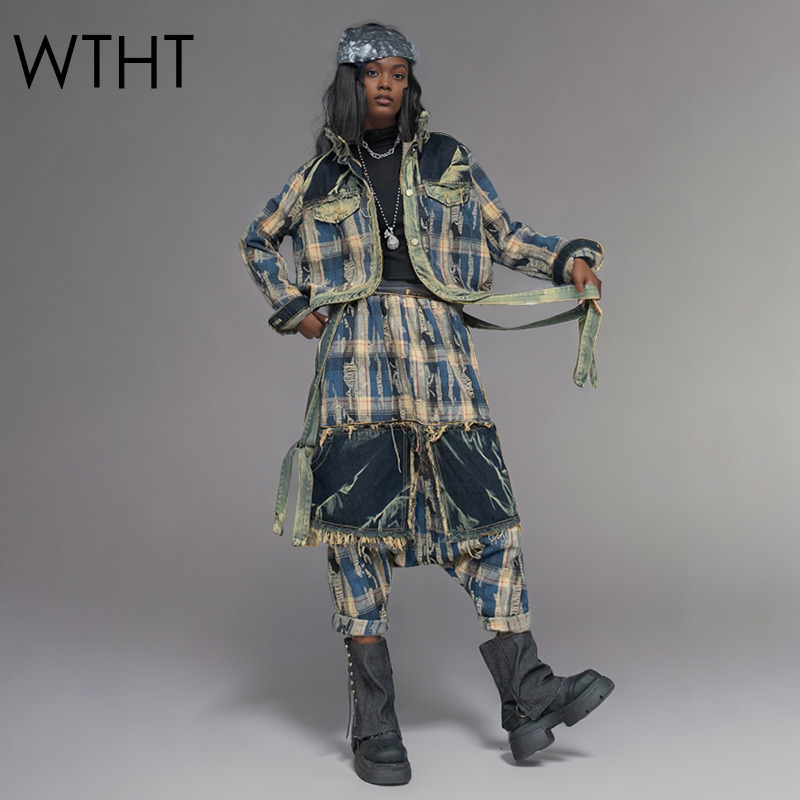Women'S Fashion Denim Jacket - WTHT Moda kadın Düzensiz Patchwork Yaka