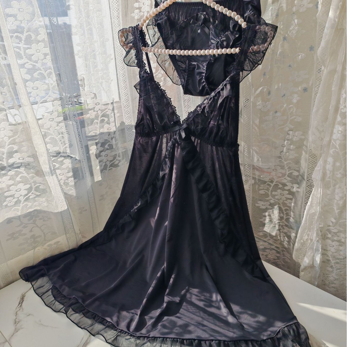 Spaghetti Strap Dress - Kadın siyah buz ipek gecelik seti