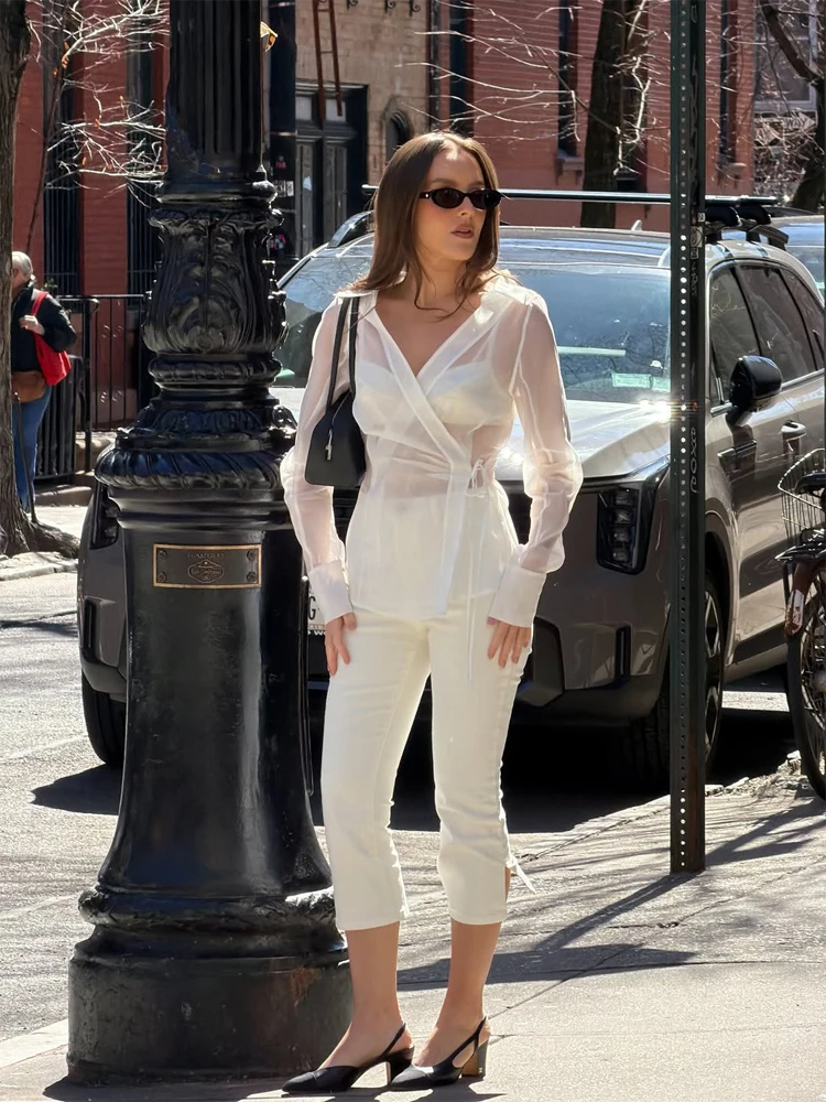 Wrap Blouse Chiffon - Kadın Beyaz Şeffaf V Yaka Bağlamalı