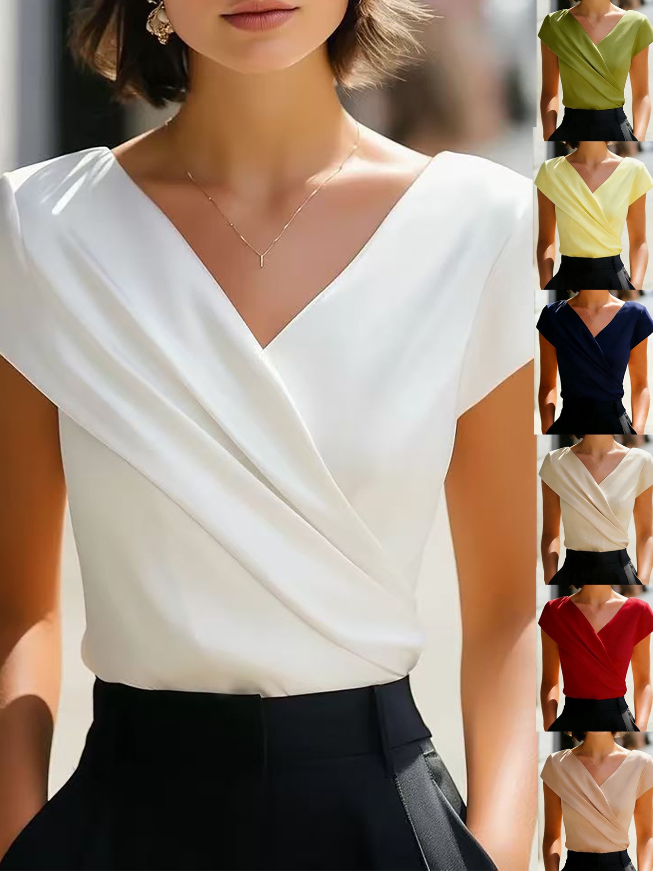 Wrap Blouse Chiffon - Yazlık Kadın Bluzu Düz Beyaz Fırfırlı