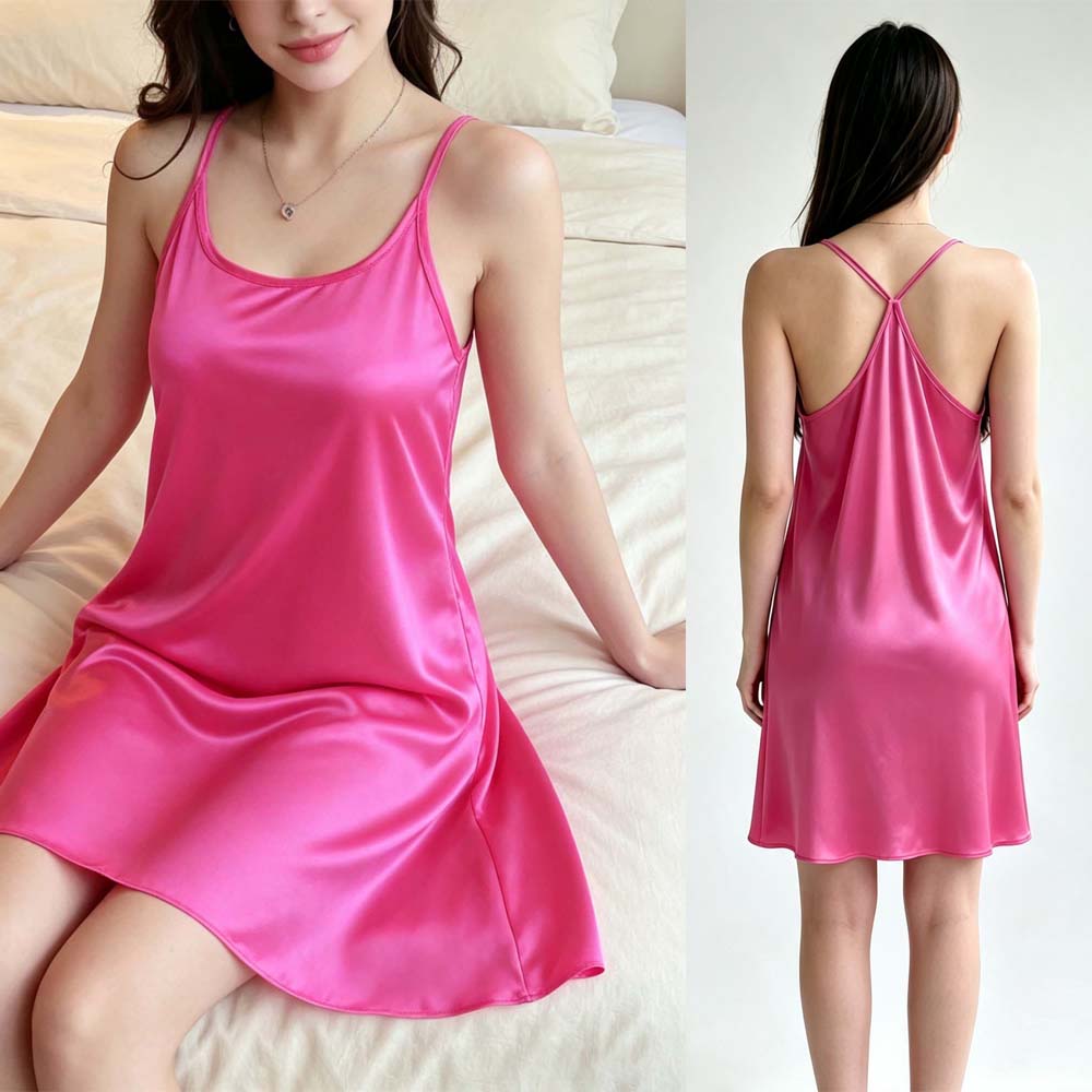 Spaghetti Strap Dress - Pembe Seksi Kadın Ev Elbisesi Spagetti