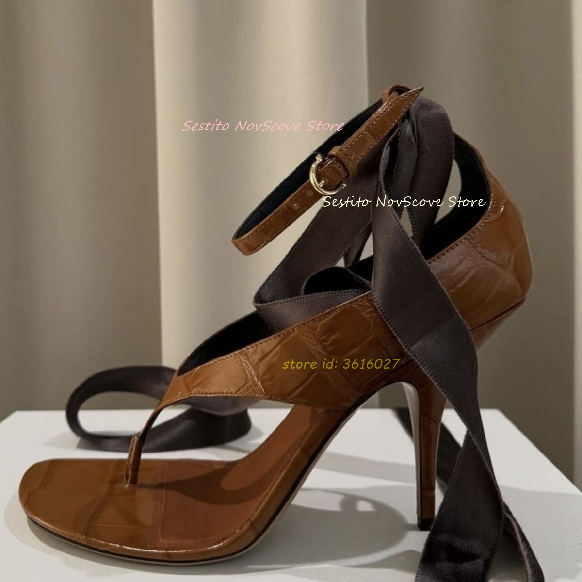Spaghetti Strap Dress - Kahverengi Açık Burun Bağcıklı Sandalet Parmak