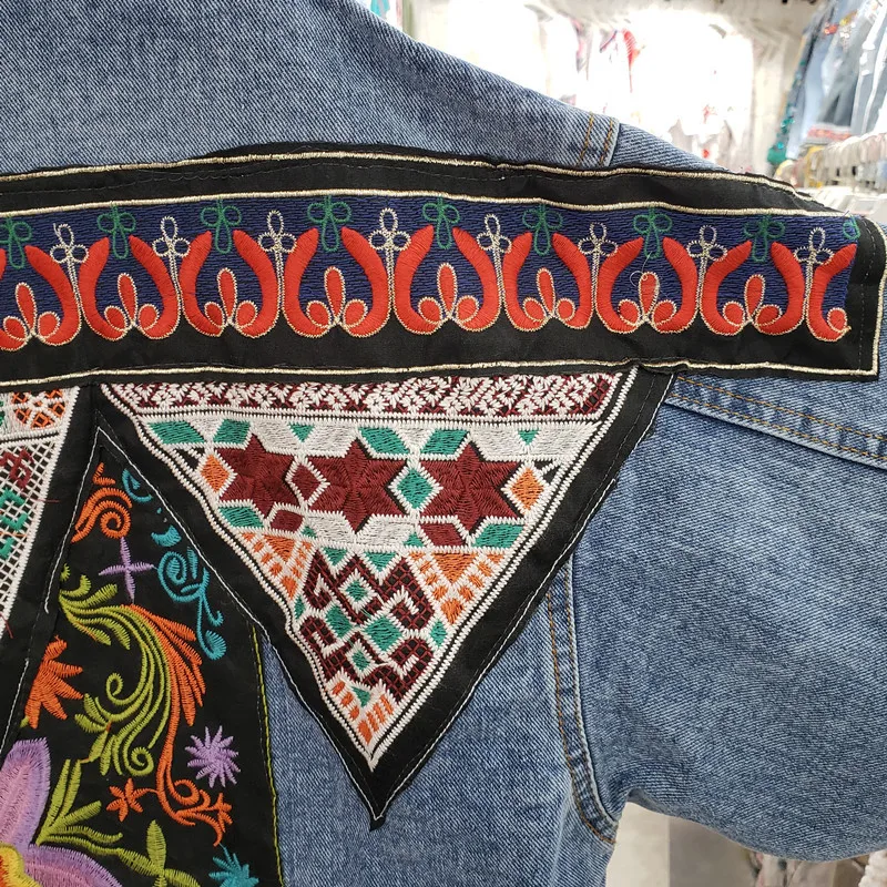 Women'S Fashion Denim Jacket - Vintage Mavi Nakış Payetler Püsküller Denim