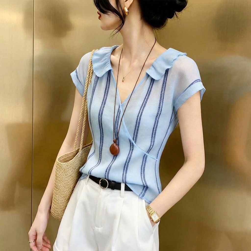 Fransız Stili Mavi Dikey Çizgi - Wrap Blouse Chiffon incelemesi ve fiyatı