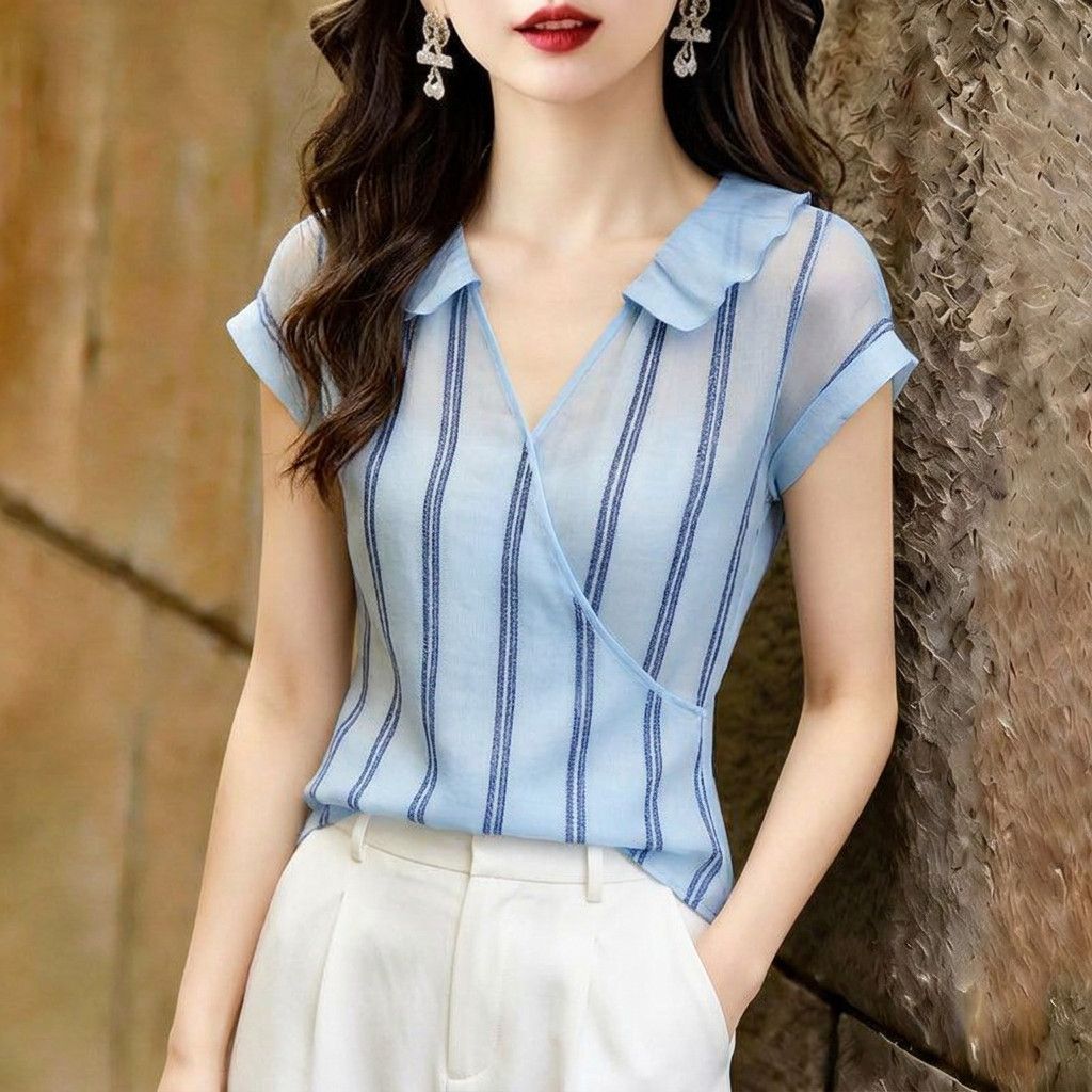 Fransız Stili Mavi Dikey Çizgi - Wrap Blouse Chiffon incelemesi ve fiyatı