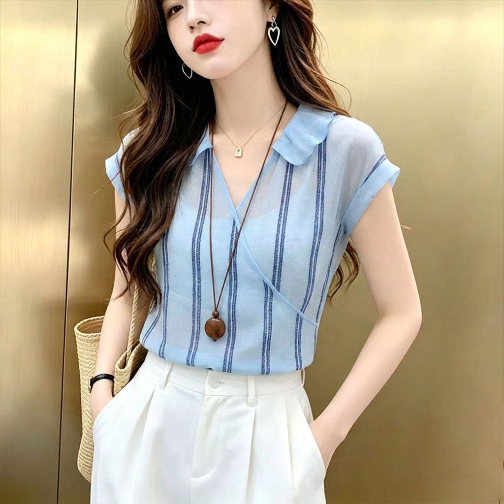 Fransız Stili Mavi Dikey Çizgi - Wrap Blouse Chiffon incelemesi ve fiyatı