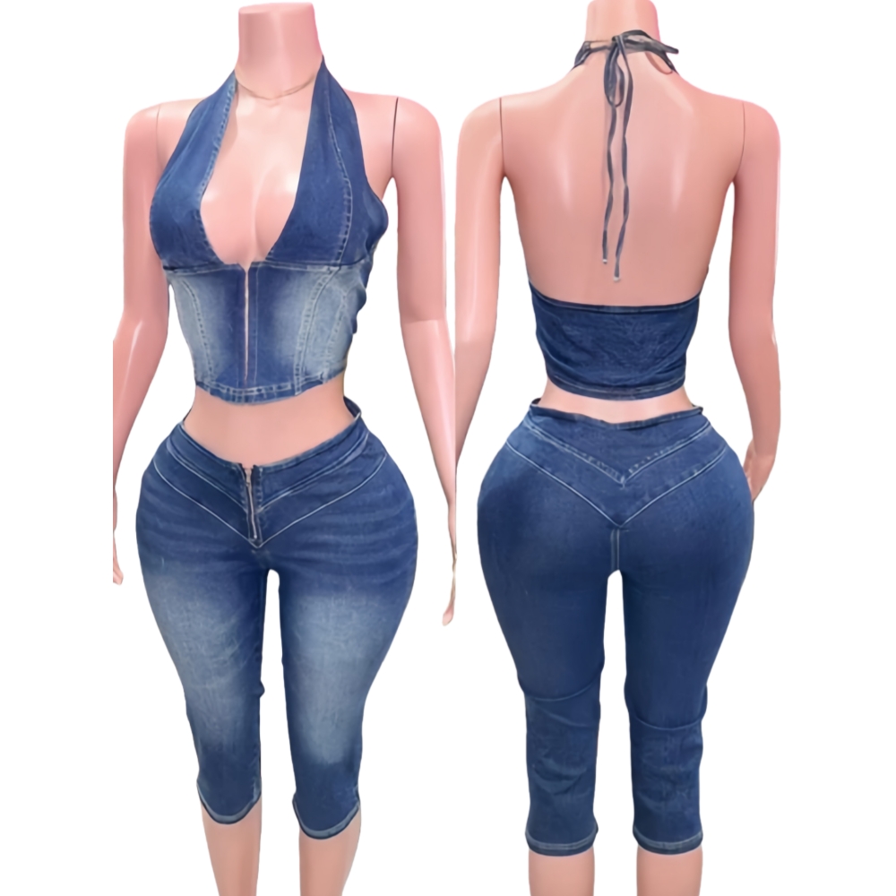 HLJ&GG Mavi Moda Denim Halter  - Women Fashion Jeans Top incelemesi ve fiyatı